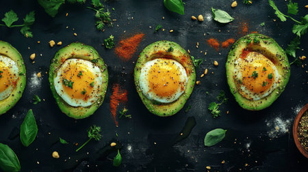 A creative image of eggs baked in avocado halves, garnished with spices and herbs, showcasing a healthy and trendy dish.の素材