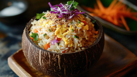 A creative dish of egg fried rice with colorful vegetables and herbs, served in a coconut bowl for a tropical twist.の素材