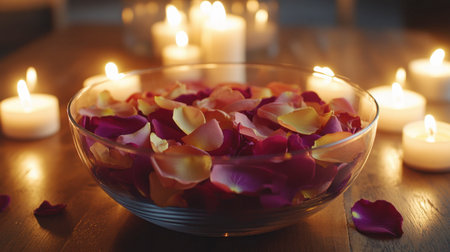 A delicate image of multicolored rose petals in a glass bowl, surrounded by candles, creating a serene and calming atmosphere.の素材