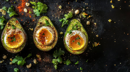A creative image of eggs baked in avocado halves, garnished with spices and herbs, showcasing a healthy and trendy dish.の素材