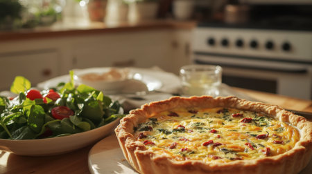 A delectable quiche filled with cheese, spinach, and sun-dried tomatoes, served with a side salad in a bright and inviting kitchen.の素材