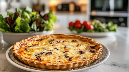 A delectable quiche filled with cheese, spinach, and sun-dried tomatoes, served with a side salad in a bright and inviting kitchen.の素材