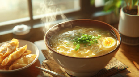 A cozy caf scene featuring a steaming bowl of egg drop soup, garnished with green onions, served with a side of crispy wontons.の素材