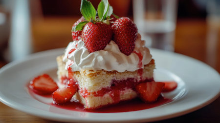 A delightful dessert of strawberry shortcake topped with whipped cream, placed on a white plate, capturing the essence of summer sweetness.の素材