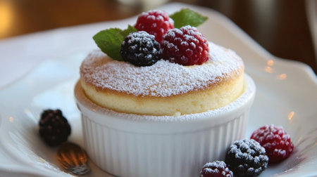 A delightful dessert of egg souffl served in a charming ramekin, topped with powdered sugar and fresh berries for a sweet finish.の素材