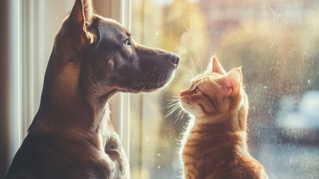 A dog sitting next to a cat in a sunny window, both looking out at the world, highlighting their bond and curiosity.の素材