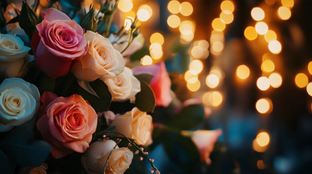 A dreamy wedding setting with multicolored roses adorning the altar, with soft fairy lights twinkling in the background, creating a magical ambiance.の素材
