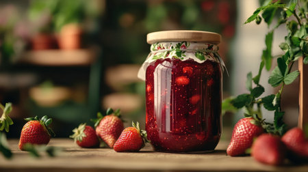 A delightful jar of homemade strawberry jam, labeled and decorated, displayed on a kitchen shelf with fresh strawberries nearby.の素材