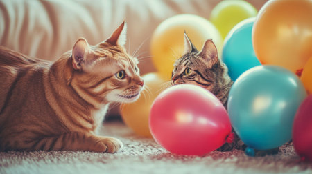 A dog and cat sharing a playful moment with colorful balloons around them, capturing a festive atmosphere.の素材