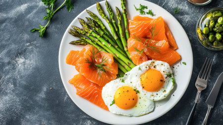 A delightful breakfast platter showcasing poached eggs, smoked salmon, and asparagus, elegantly arranged on a white plate.の素材