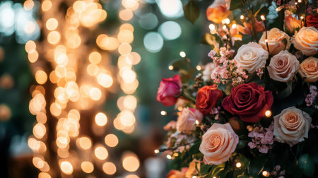 A dreamy wedding setting with multicolored roses adorning the altar, with soft fairy lights twinkling in the background, creating a magical ambiance.の素材