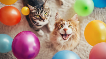A dog and cat sharing a playful moment with colorful balloons around them, capturing a festive atmosphere.の素材