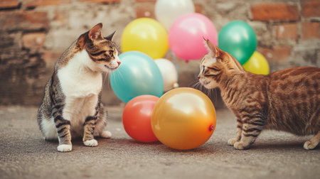 A dog and cat sharing a playful moment with colorful balloons around them, capturing a festive atmosphere.の素材
