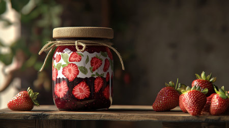 A delightful jar of homemade strawberry jam, labeled and decorated, displayed on a kitchen shelf with fresh strawberries nearby.の素材