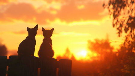 A dog and cat perched on a fence, looking out over a beautiful sunset, symbolizing their shared adventures.の素材