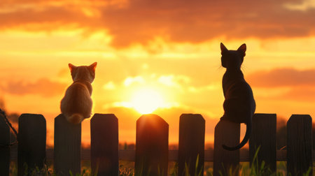 A dog and cat perched on a fence, looking out over a beautiful sunset, symbolizing their shared adventures.の素材