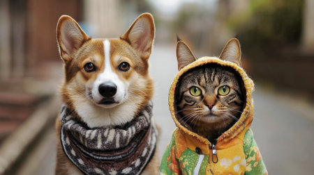 A dog standing proudly next to a cat wearing a cute outfit, both looking directly at the camera with playful expressions.の素材