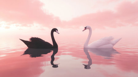 A dramatic black swan and a pure white swan swimming under a soft pink sky at dusk.の素材
