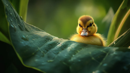 A duckling peeking out from behind a large leaf, adding an element of curiosity and adventure to the image.の素材