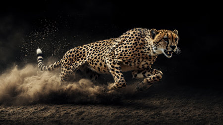 A dramatic shot of a cheetah in mid-sprint, dust flying behind, emphasizing the raw power and speed of this magnificent animal.の素材