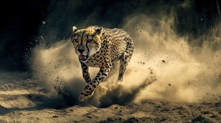 A dramatic shot of a cheetah in mid-sprint, dust flying behind, emphasizing the raw power and speed of this magnificent animal.の素材
