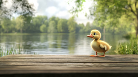 A duckling standing on a wooden dock, gazing curiously at the water, with a serene lake and surrounding trees in the background.の素材