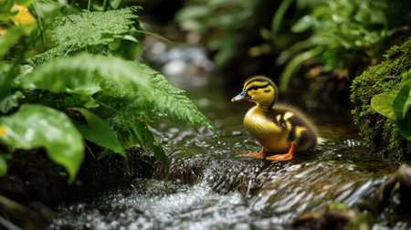 A duckling standing on the edge of a small stream, contemplating its first leap into the water, surrounded by lush greenery.の素材