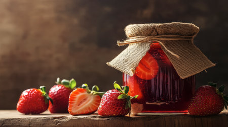 A delightful jar of homemade strawberry jam, labeled and decorated, displayed on a kitchen shelf with fresh strawberries nearby.の素材