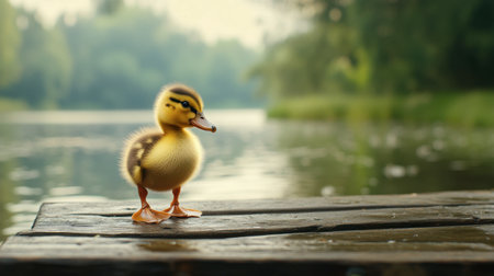 A duckling standing on a wooden dock, gazing curiously at the water, with a serene lake and surrounding trees in the background.の素材