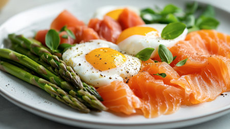 A delightful breakfast platter showcasing poached eggs, smoked salmon, and asparagus, elegantly arranged on a white plate.の素材