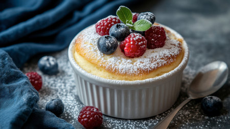 A delightful dessert of egg souffl served in a charming ramekin, topped with powdered sugar and fresh berries for a sweet finish.の素材