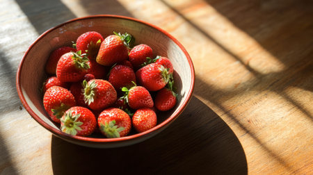 A delightful close-up of a bowl of strawberries on a wooden table, with sunlight casting gentle shadows for a cozy feel.の素材