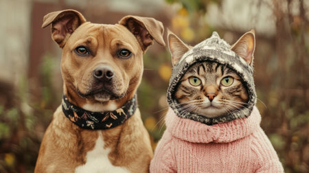 A dog standing proudly next to a cat wearing a cute outfit, both looking directly at the camera with playful expressions.の素材