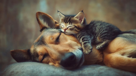 A dog lying on its back with a kitten perched on its belly, showcasing a sweet moment of trust and friendship.の素材