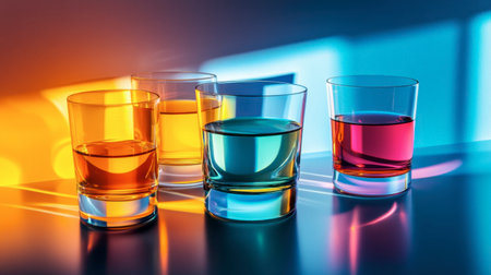 A dynamic scene of innovative drinking glasses that refract light and offer a new dimension of visual interest.の素材