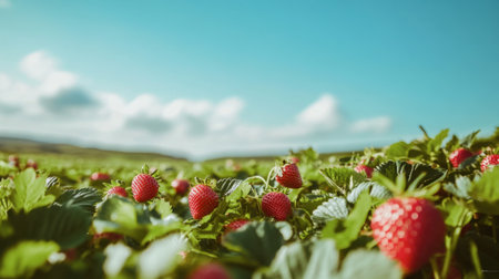 A field of strawberry plants laden with ripe berries under a clear blue sky, showcasing the joy of strawberry picking in summer.の素材