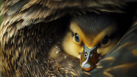 A fuzzy duckling peeking out from under its mother's wing, illustrating the warmth and protection of maternal care.の素材