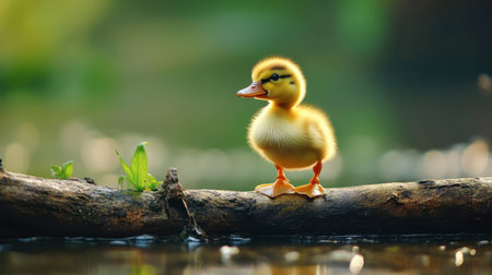 A duckling standing proudly on a log in a pond, showcasing its confidence and the beauty of its surroundings.の素材