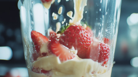 A dynamic shot of a blender mixing strawberries, yogurt, and honey, illustrating the process of making a delicious and healthy smoothie.の素材
