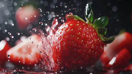 A dynamic shot of a fresh strawberry being sliced, with juice droplets visible, capturing the essence of freshness and flavor.の素材