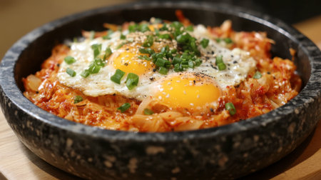 A flavorful Korean dish featuring spicy kimchi and eggs served in a sizzling stone bowl, creating an inviting and hearty meal.の素材