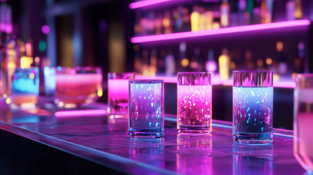 A futuristic bar setting featuring holographic drinking glasses that change color with every sip.の素材