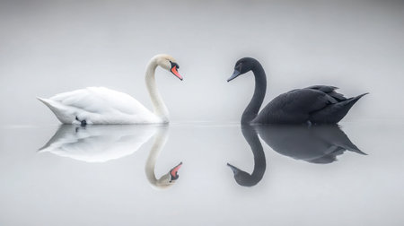A graceful white swan and a mysterious black swan wading in shallow water with their reflections below.の素材