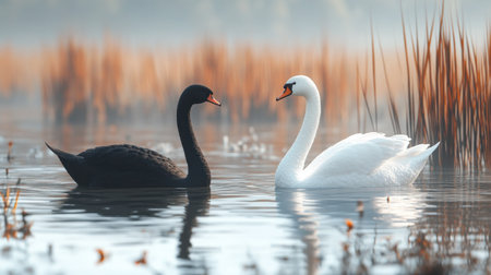 A graceful white swan and elegant black swan swimming through reeds in a calm pond, blending with nature.の素材