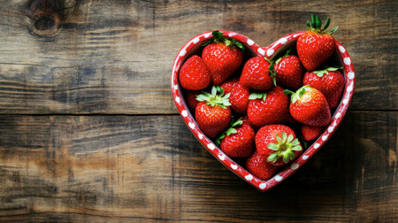 A heart-shaped bowl filled with fresh strawberries on a wooden table, perfect for a romantic gesture or a sweet gift.の素材