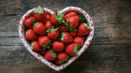 A heart-shaped bowl filled with fresh strawberries on a wooden table, perfect for a romantic gesture or a sweet gift.の素材