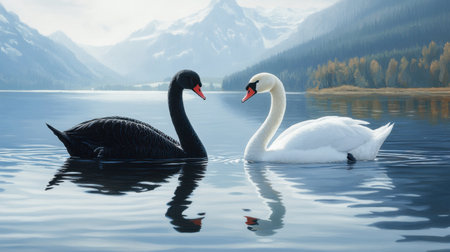A majestic black swan and a graceful white swan gliding together across a lake, their reflections rippling in the water.の素材