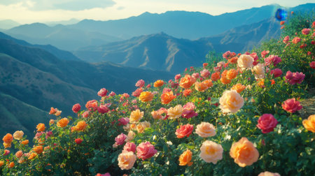 A majestic view of multicolored roses blooming on a hillside, with breathtaking mountains in the background, capturing nature beauty.の素材