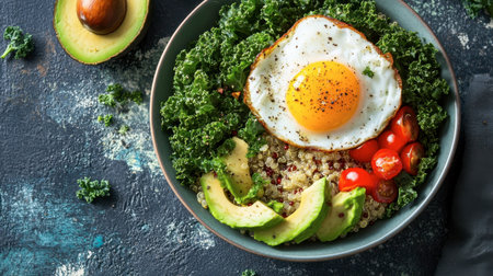 A hearty breakfast bowl featuring a fried egg on top of sauted kale, quinoa, and avocado, promoting a healthy start to the day.の素材