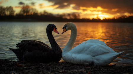 A pair of swans, one white and one black, resting on the shoreline of a peaceful lake at sunset.の素材